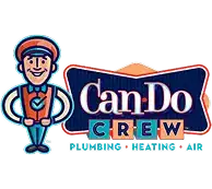 Cartoon plumber stands next to “Can-Do Crew” logo with text below reading “Plumbing, Heating, Air” in blue and orange.